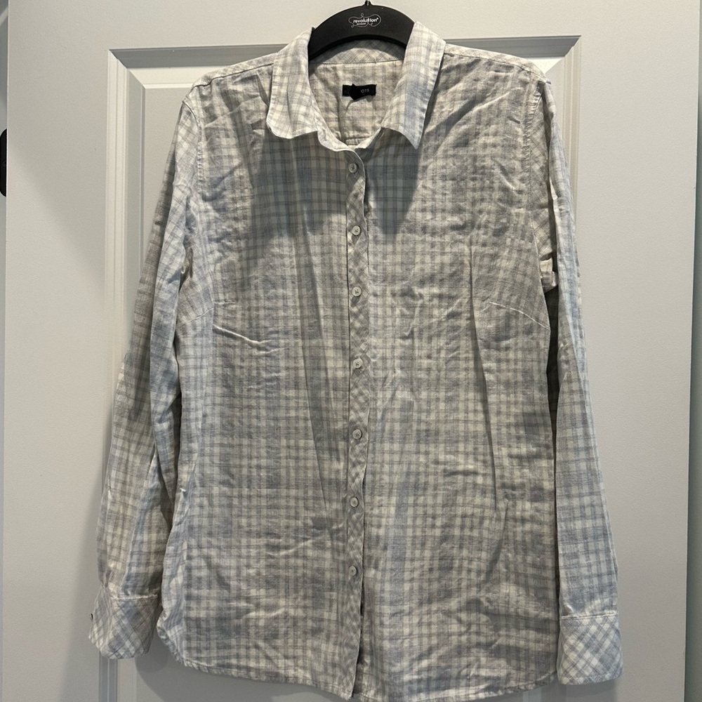 Talbots Light Gray Metallic Plaid Button Down Shirt Size Large